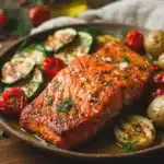 baked salmon with vegetables - featured image