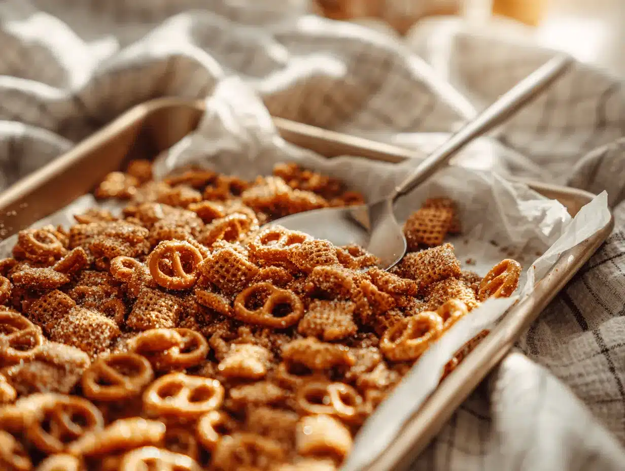 cinnamon sugar pretzel bites honeycomb snack mix preparation steps