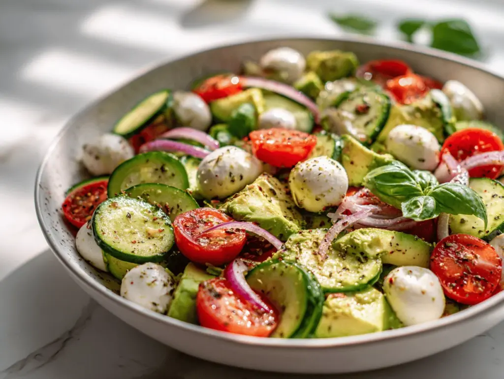 creamy avocado cucumber Caprese salad - featured image