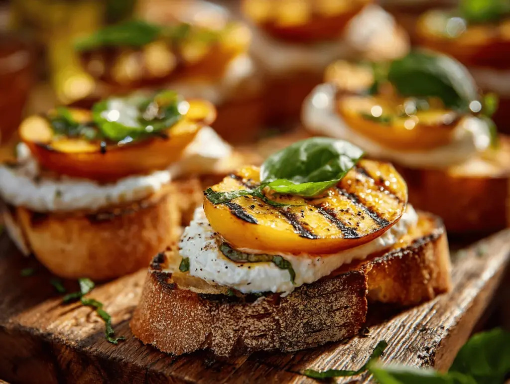grilled peach burrata crostini - featured image