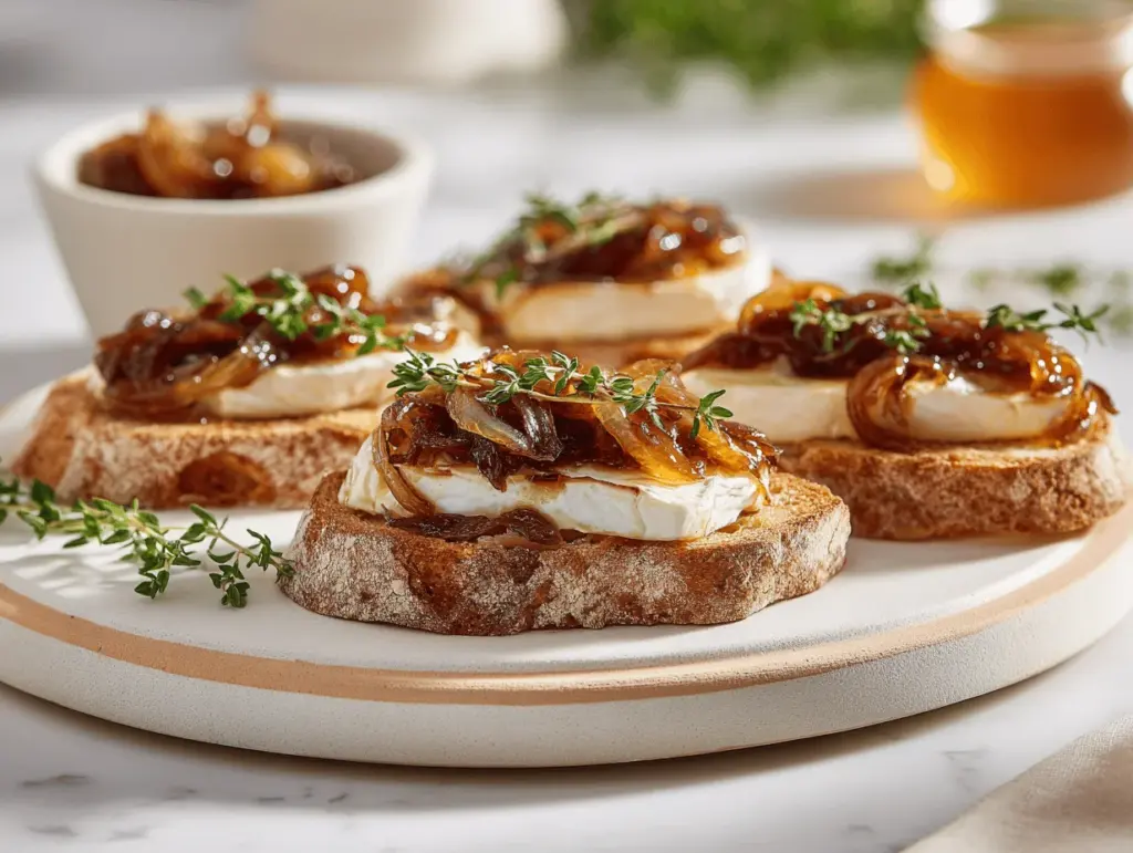 honey caramelized onion brie toasts - featured image