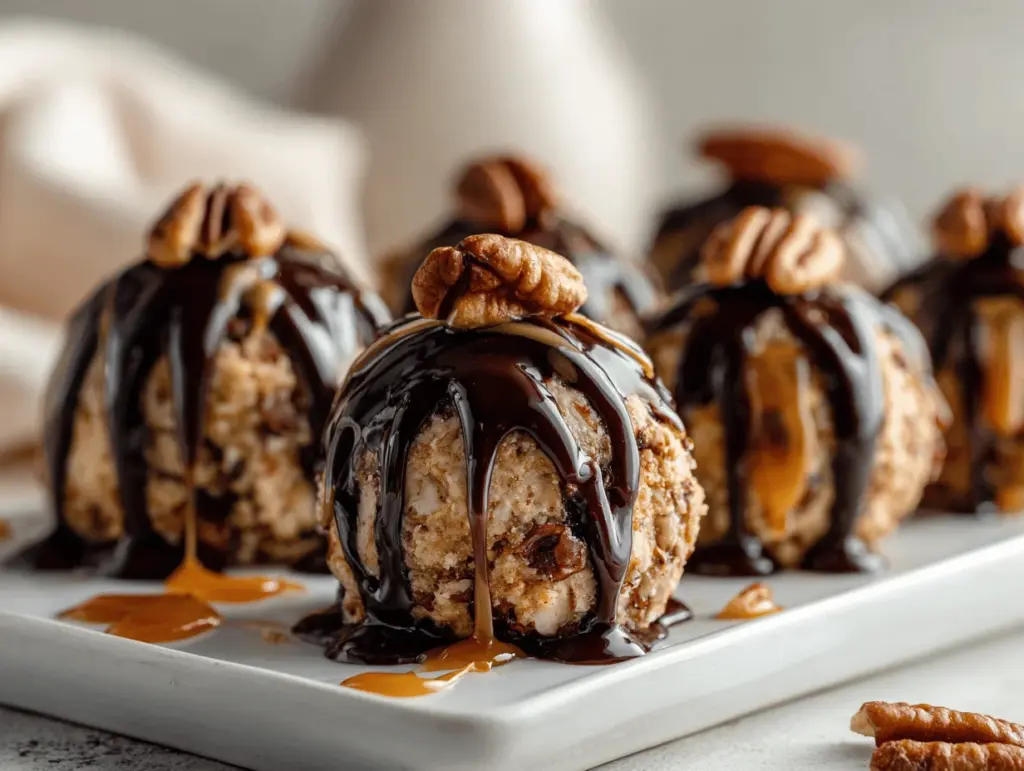 no bake turtle pecan pie balls - featured image
