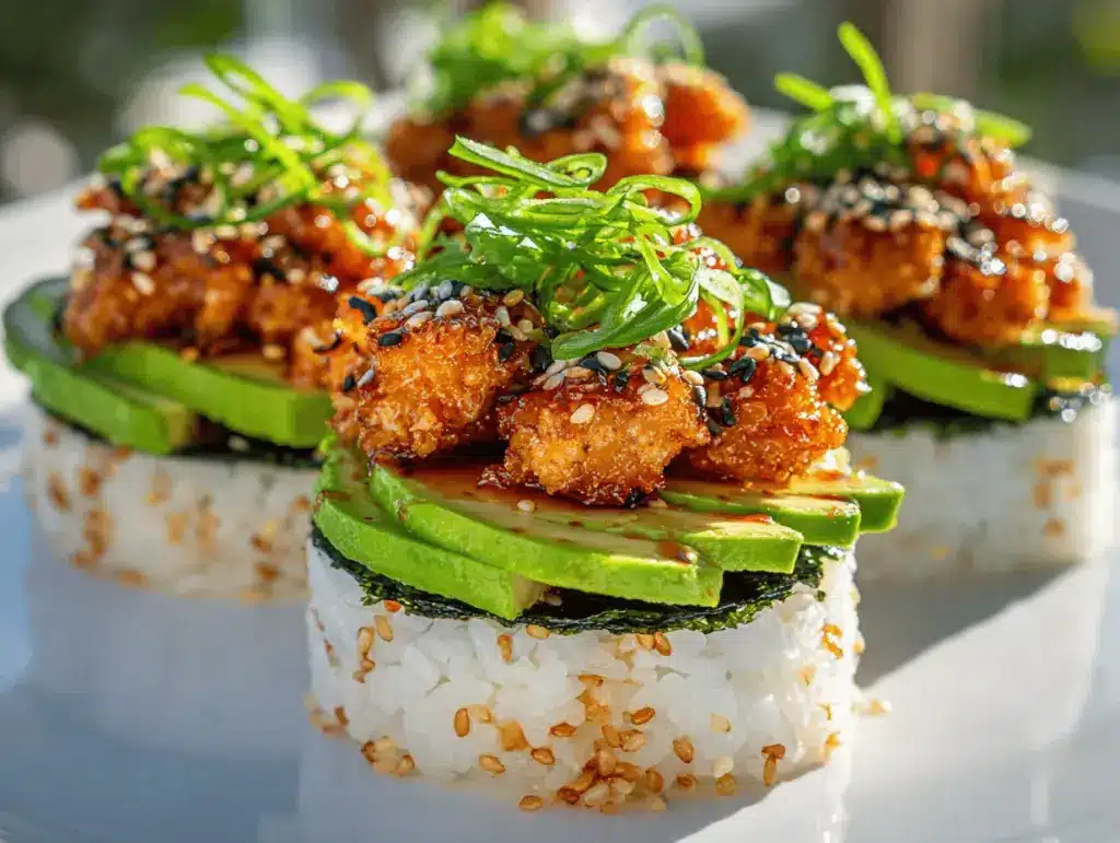 spicy crispy chicken sushi stacks - featured image