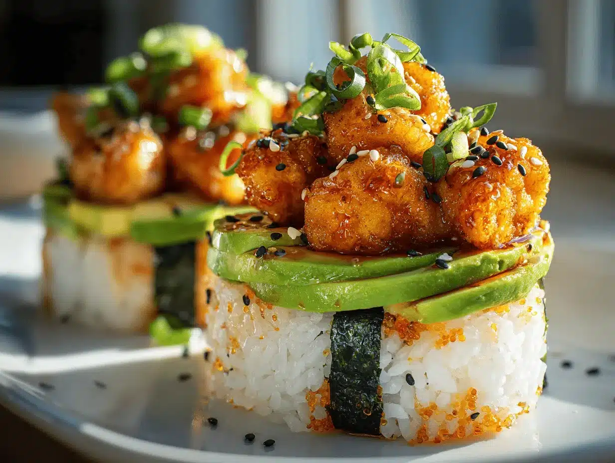spicy crispy chicken sushi stacks preparation steps