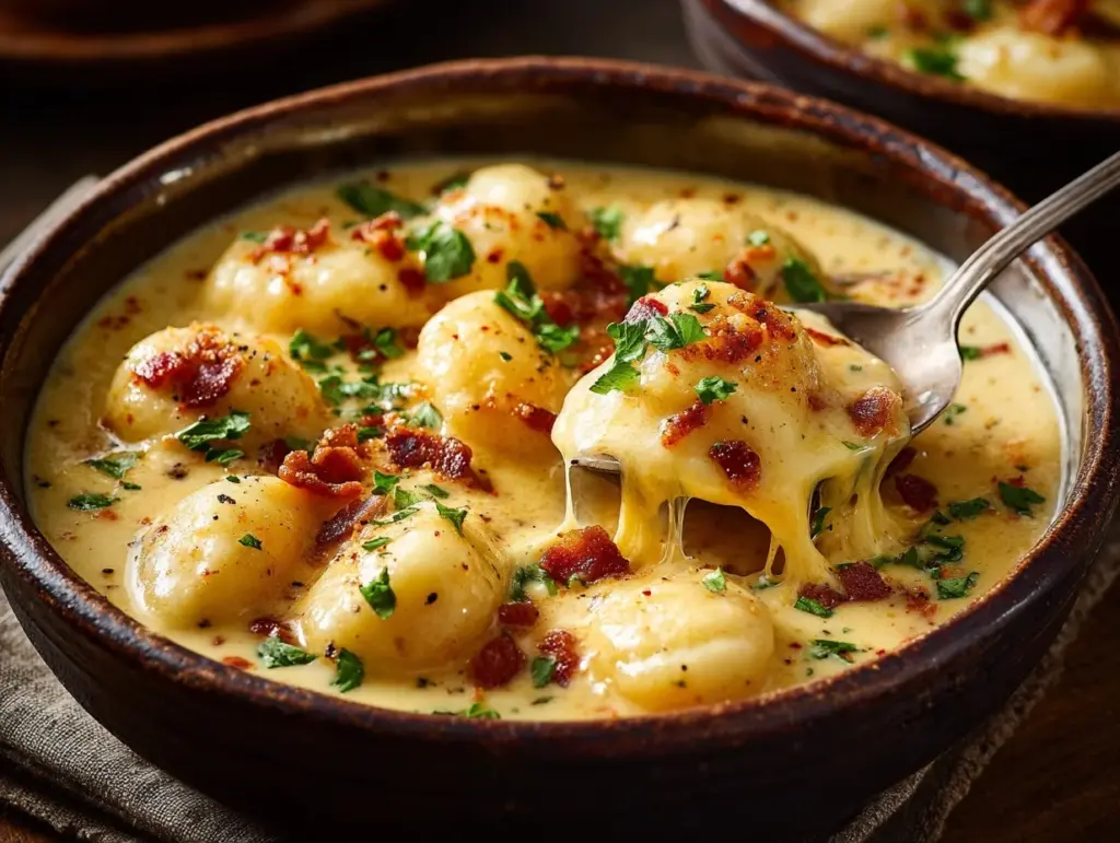 bacon cheddar gnocchi soup - featured image