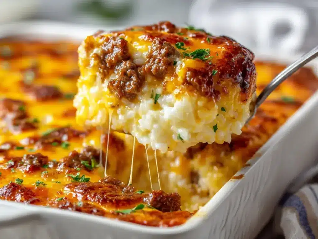 cheesy ground beef rice casserole - featured image