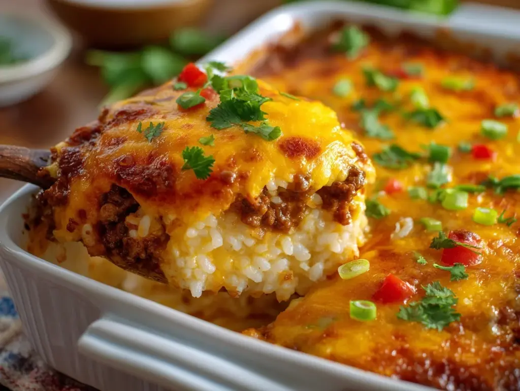 cheesy taco ground beef and rice casserole - featured image