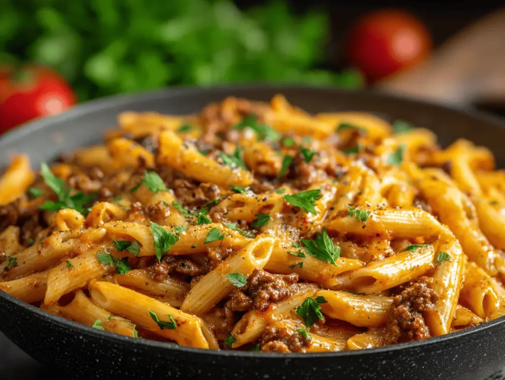 creamy beef pasta - featured image