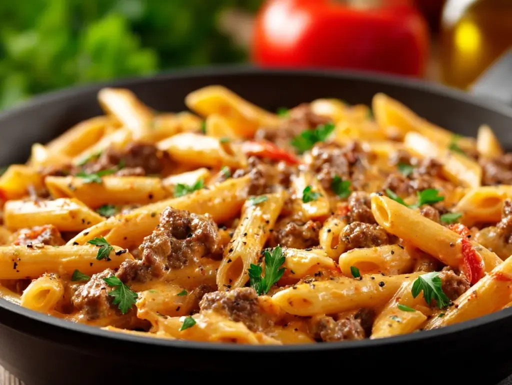 creamy beef pasta - featured image