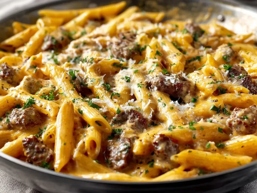 creamy beef pasta - featured image