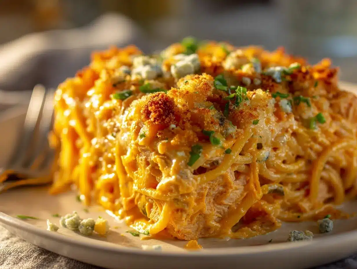 creamy buffalo chicken spaghetti bake preparation steps