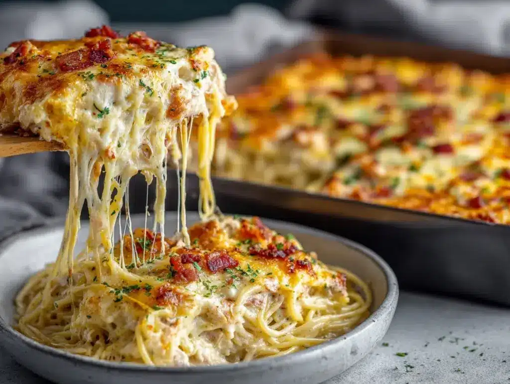 creamy chicken bacon ranch spaghetti bake - featured image