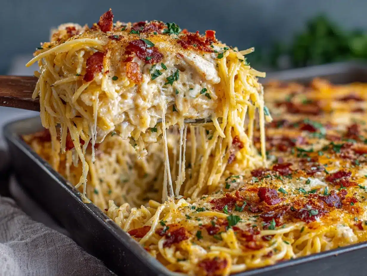 creamy chicken bacon ranch spaghetti bake preparation steps