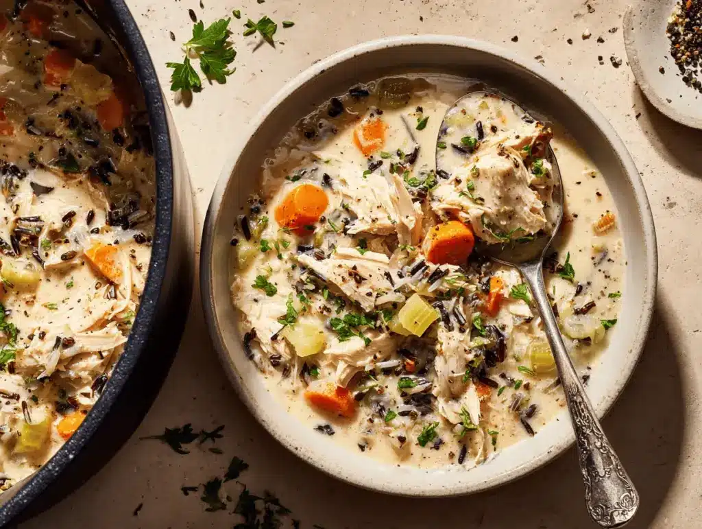 creamy crockpot chicken wild rice soup - featured image