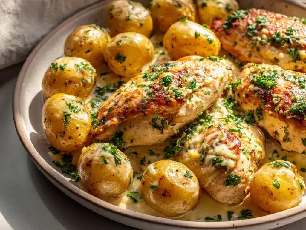 creamy garlic parmesan chicken and potatoes bake - featured image