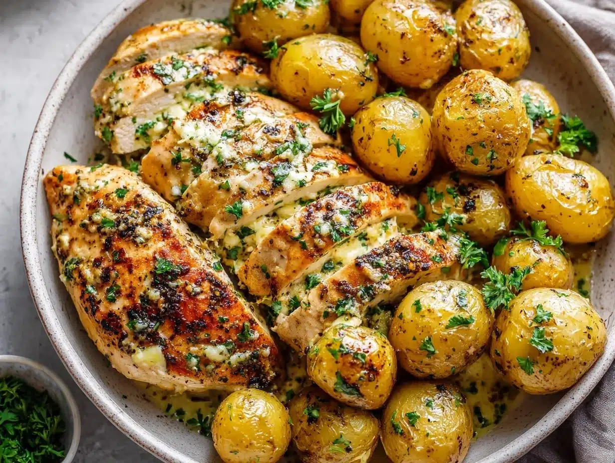 creamy garlic parmesan chicken and potatoes bake preparation steps