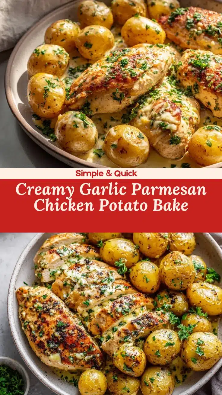 creamy garlic parmesan chicken and potatoes bake recipe
