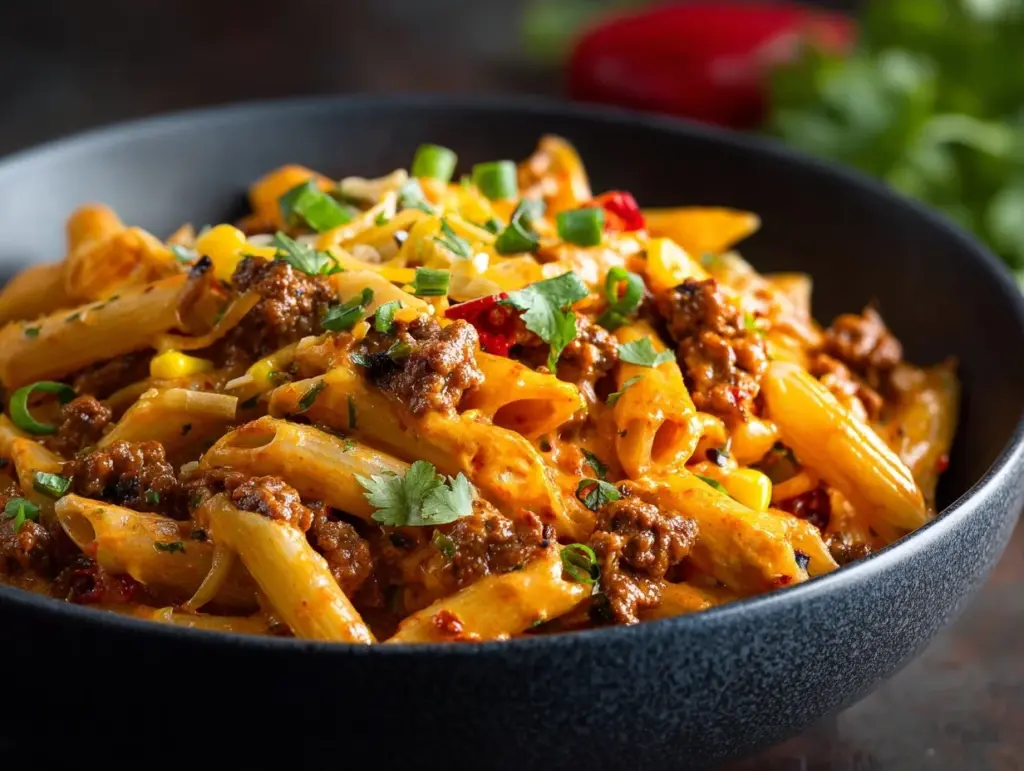 creamy taco beef pasta bake - featured image