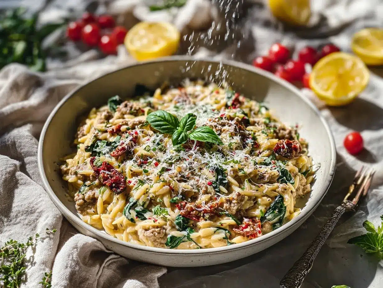creamy Tuscan turkey orzo skillet preparation steps