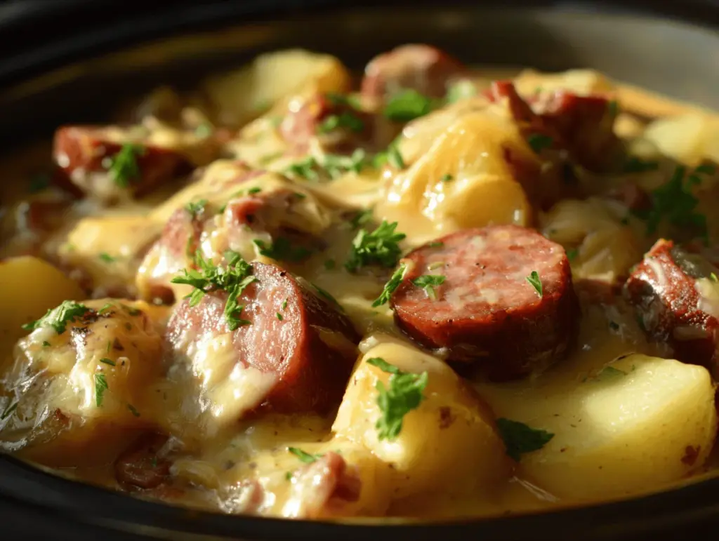 crockpot cheesy potatoes and kielbasa - featured image