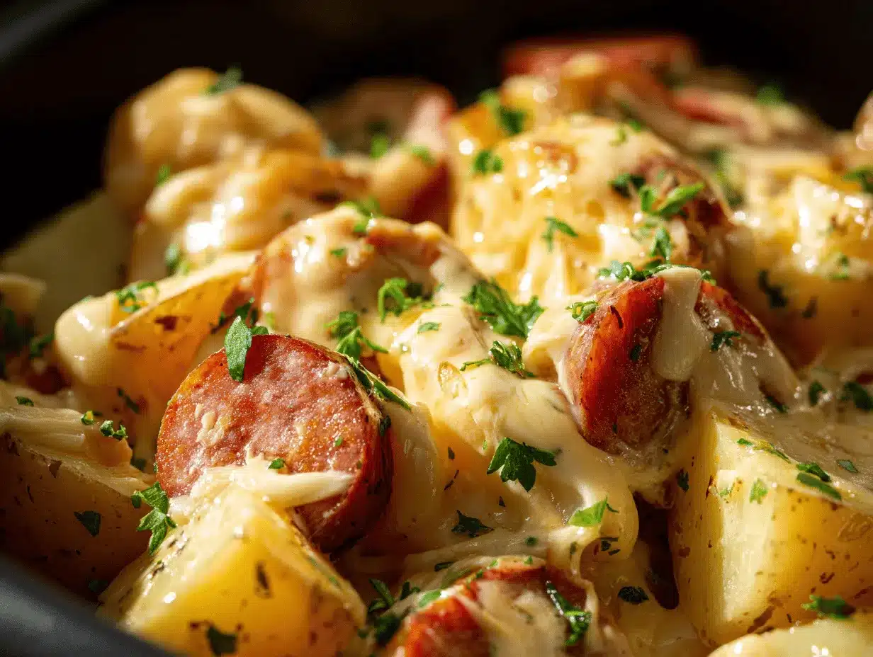 crockpot cheesy potatoes and kielbasa preparation steps