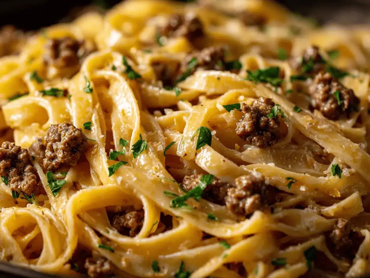 garlic butter pasta with ground beef preparation steps