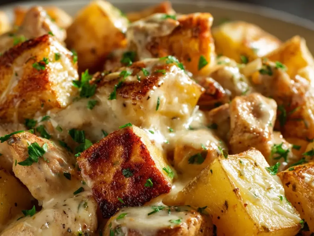 garlic parmesan crockpot chicken and potatoes - featured image