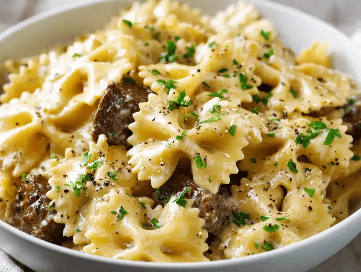 Parmesan Garlic Beef Bowtie Pasta preparation steps