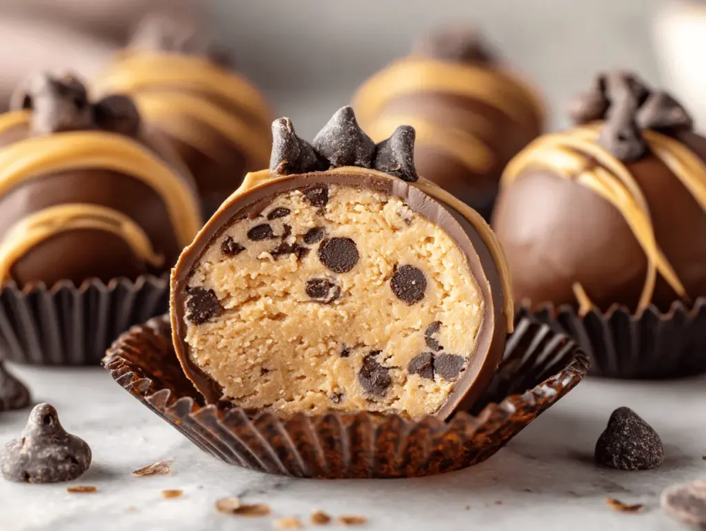 peanut butter chocolate chip cookie dough protein truffles - featured image