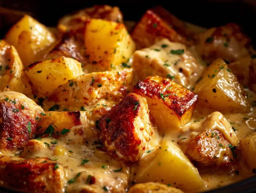 slow cooker cheesy ranch chicken and potatoes - featured image