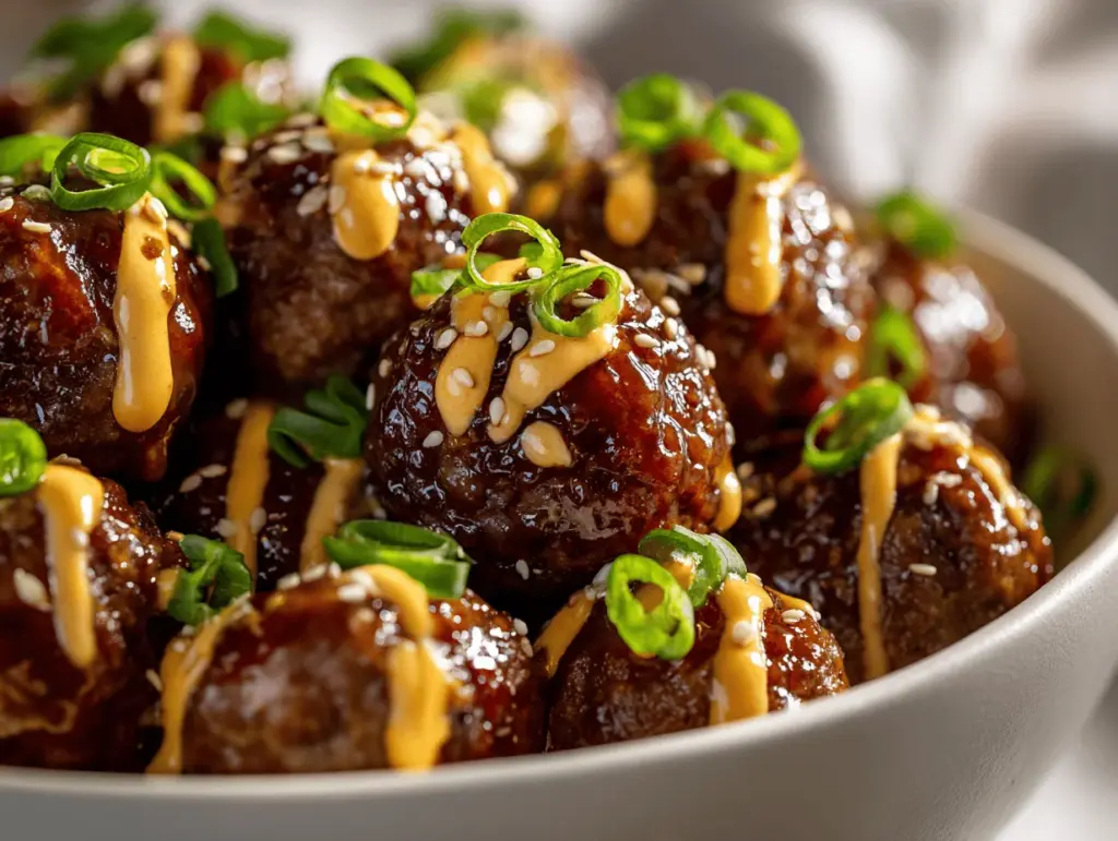 sticky honey garlic BBQ meatball bowls - featured image