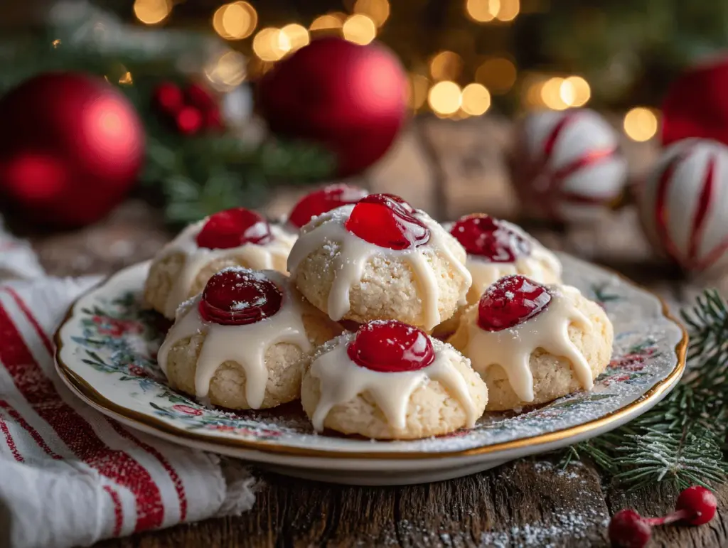 white chocolate dipped maraschino cherry shortbread cookies - featured image