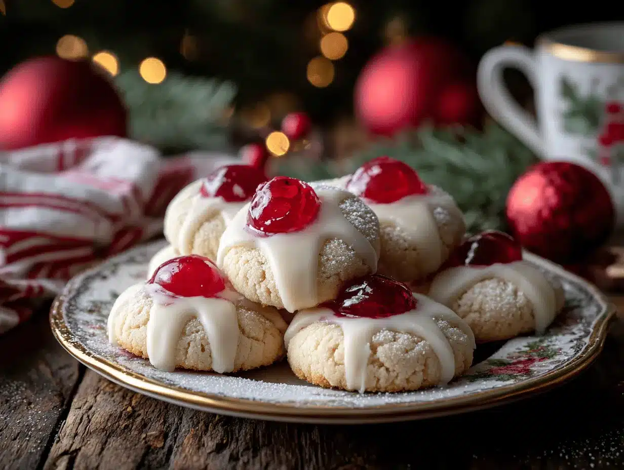 white chocolate dipped maraschino cherry shortbread cookies preparation steps