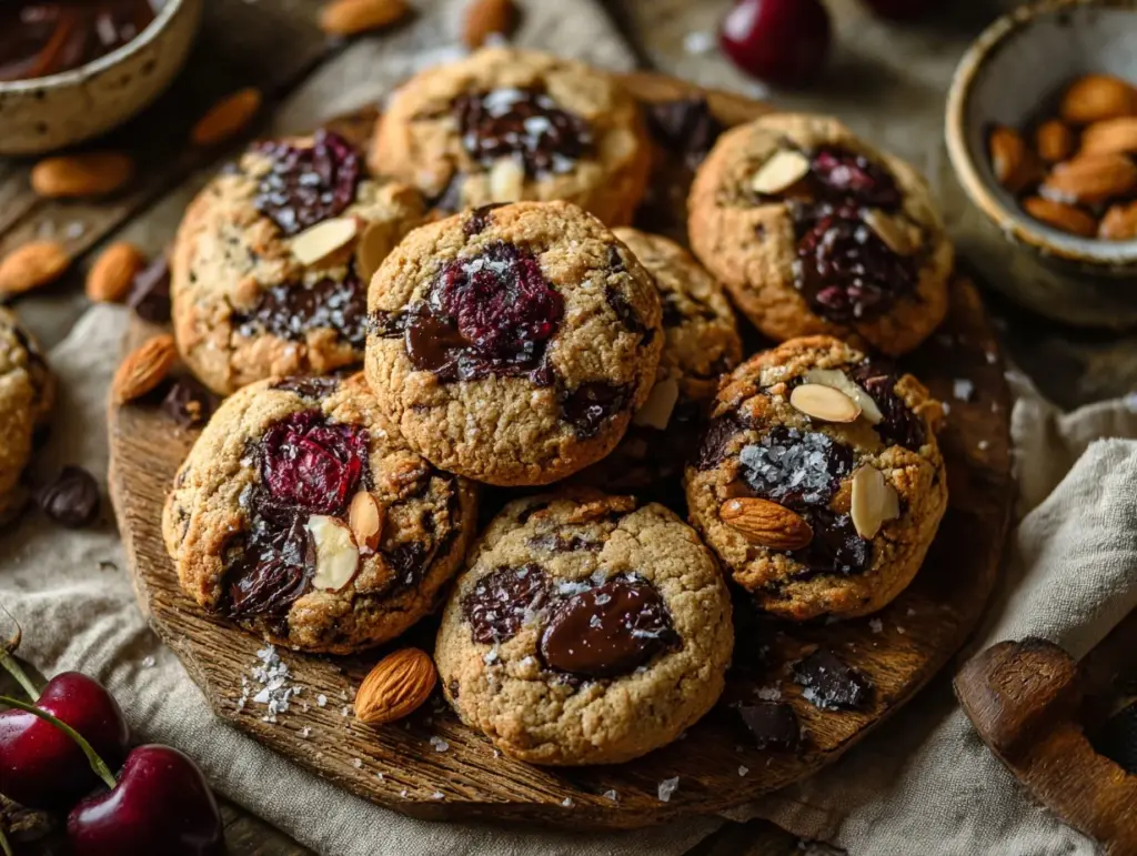 cherry almond chocolate chip cookies - featured image