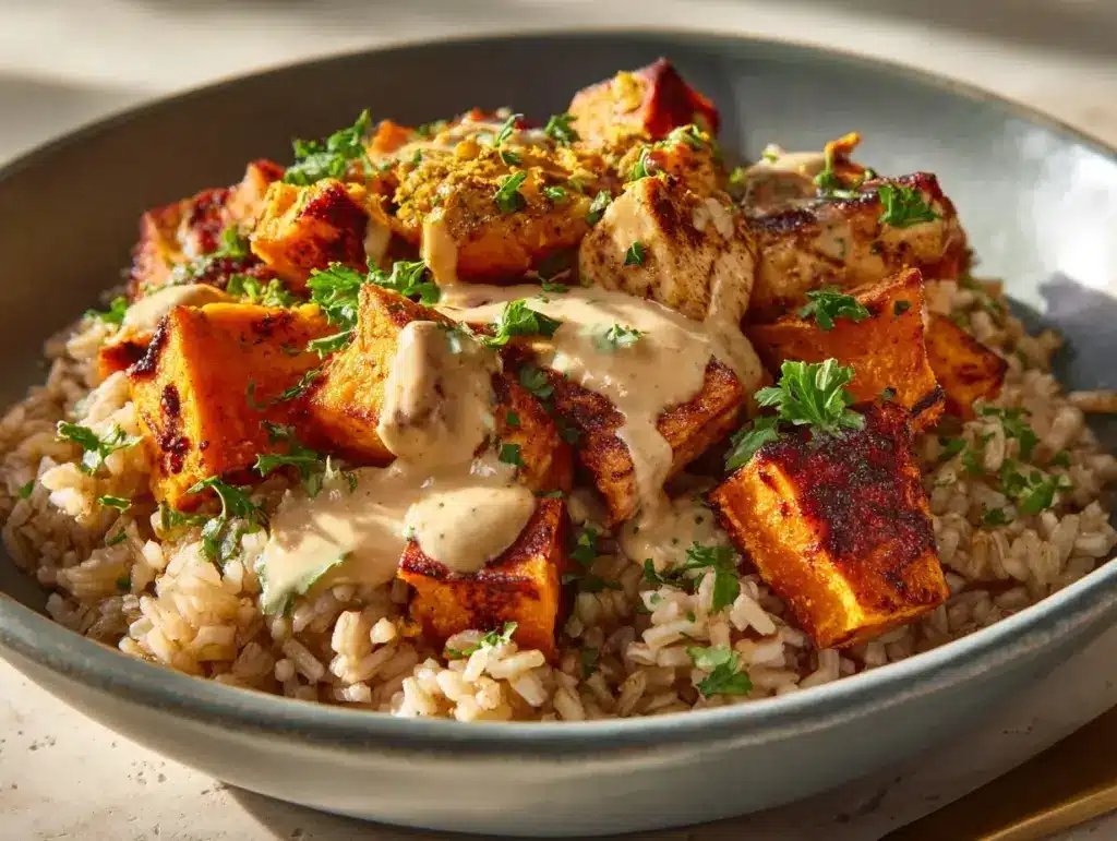 chicken sweet potato rice bowl - featured image