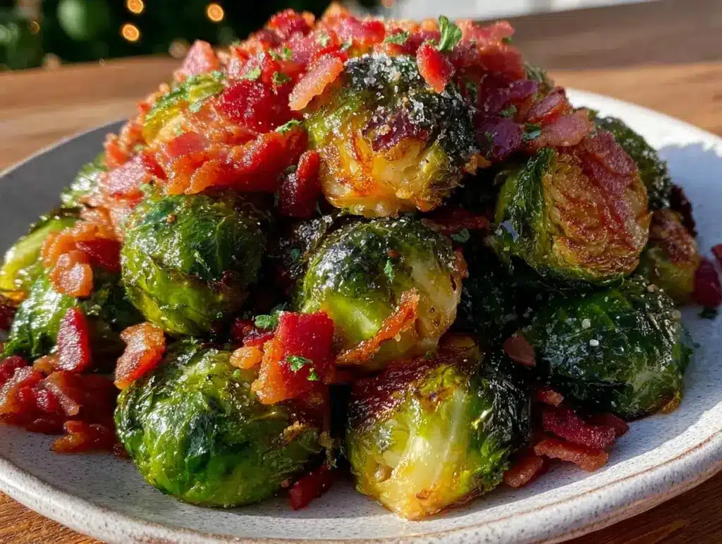 air fryer brussels sprouts with bacon bits - featured image