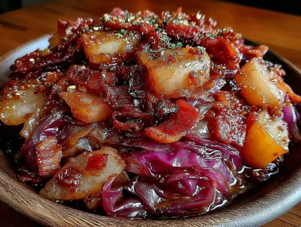braised red cabbage with apples and bacon - featured image