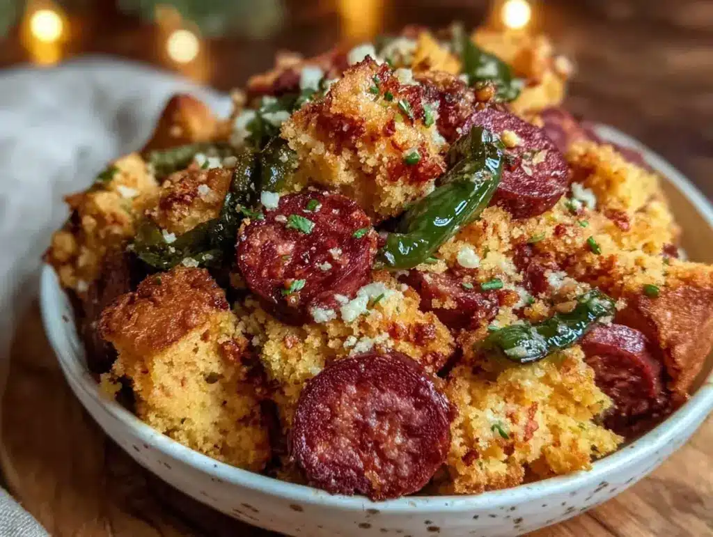 cornbread dressing with spicy chorizo and poblano peppers - featured image