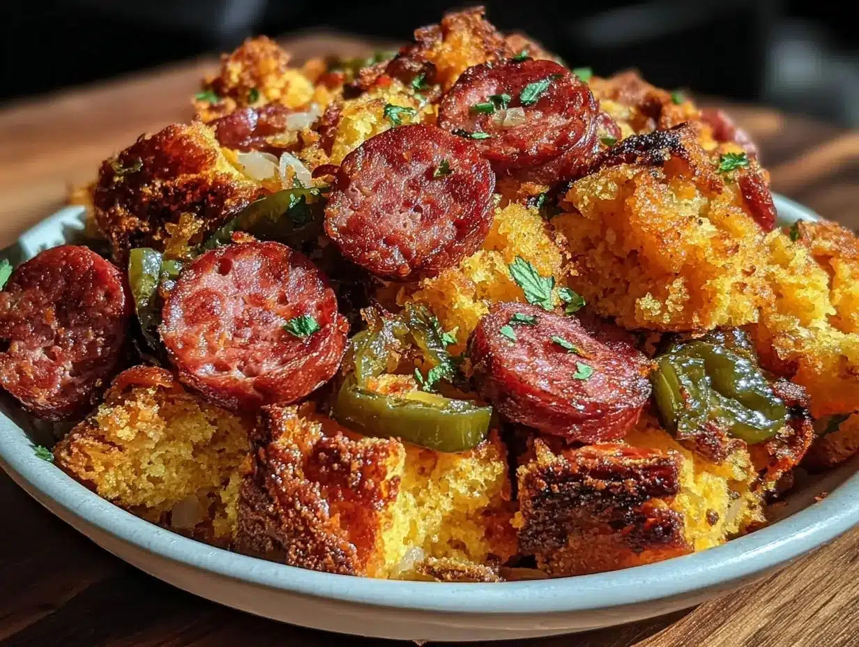 cornbread dressing with spicy chorizo and poblano peppers preparation steps