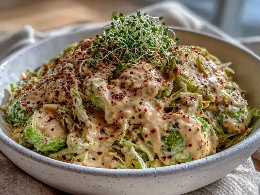 creamy brussels sprouts and cabbage slaw - featured image