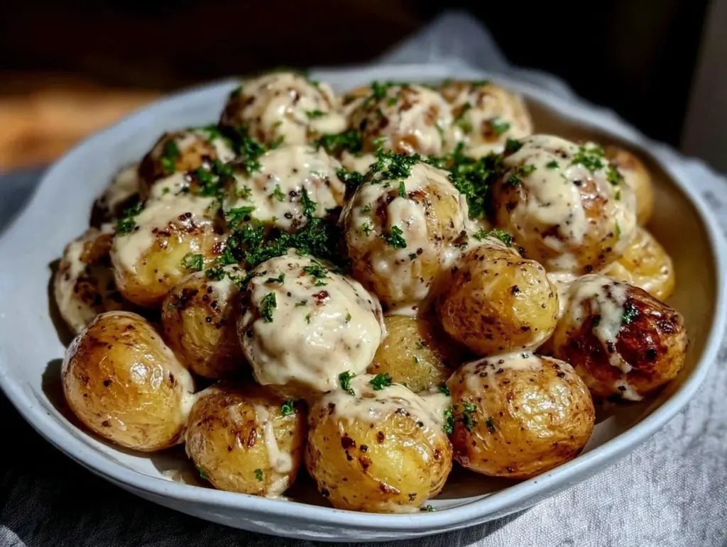 creamy garlic sauce baby potatoes - featured image