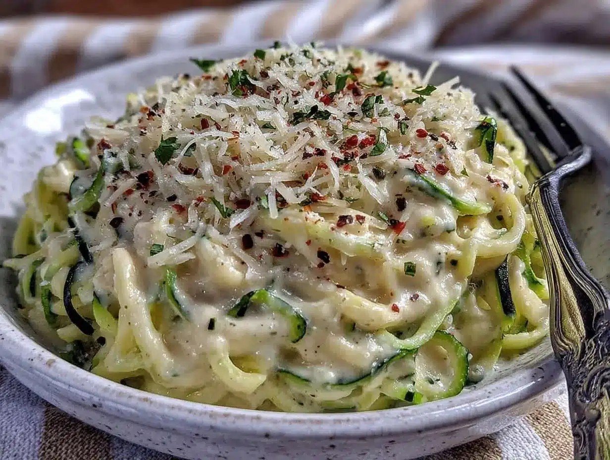 creamy Greek yogurt Alfredo zucchini noodles preparation steps