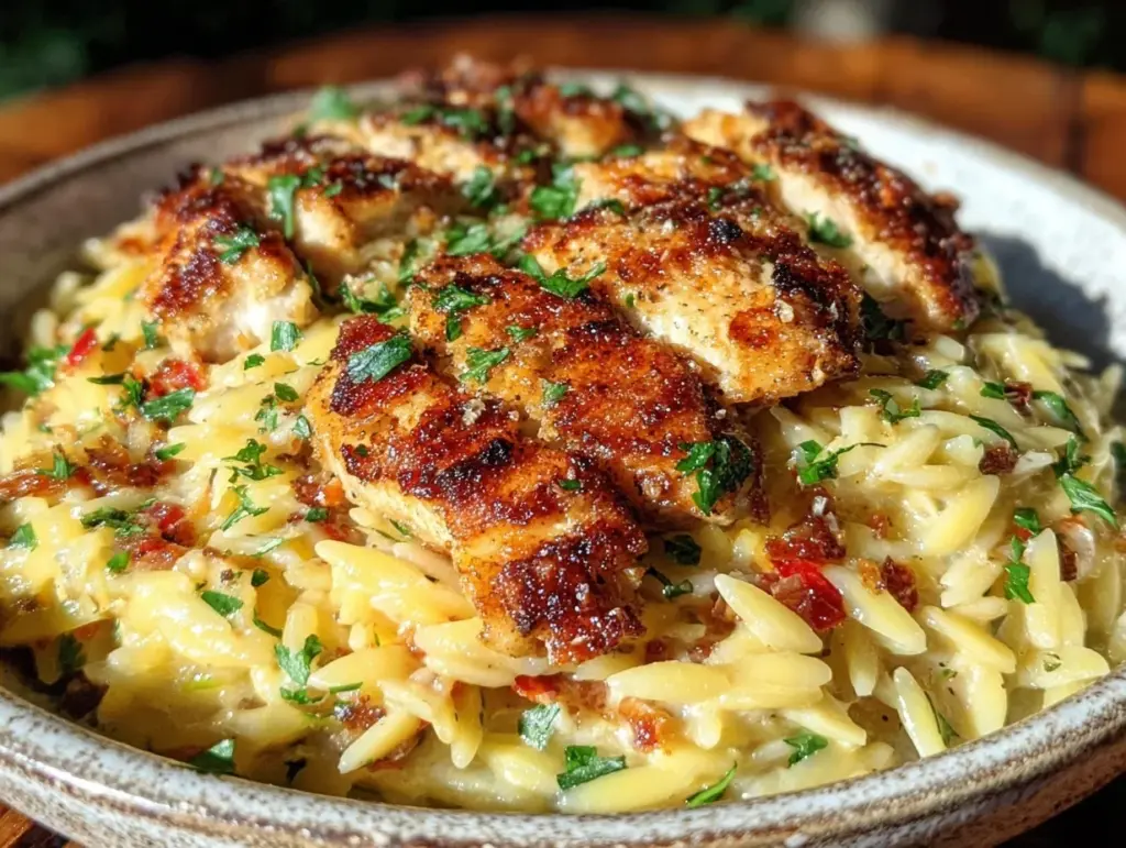 creamy parmesan chicken orzo - featured image