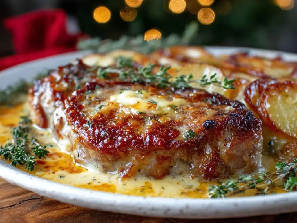 creamy smothered pork chop casserole - featured image