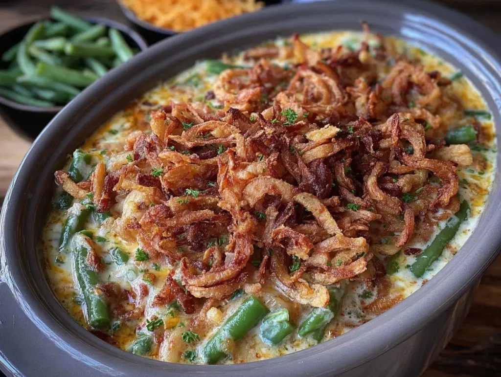 crockpot green bean casserole from scratch - featured image
