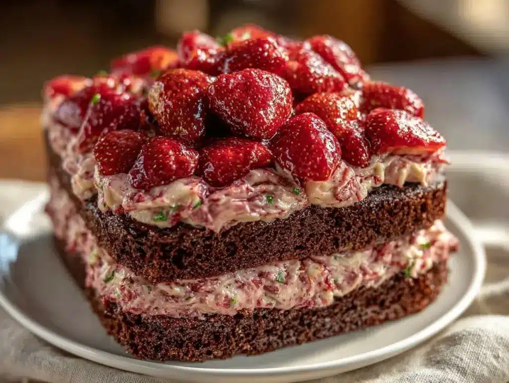 chocolate strawberry layer cake - featured image