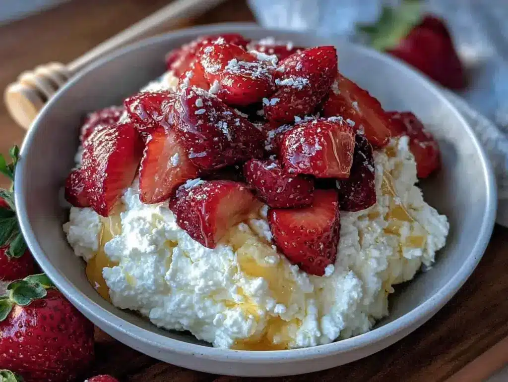 cottage cheese bowl with strawberries and honey drizzle - featured image