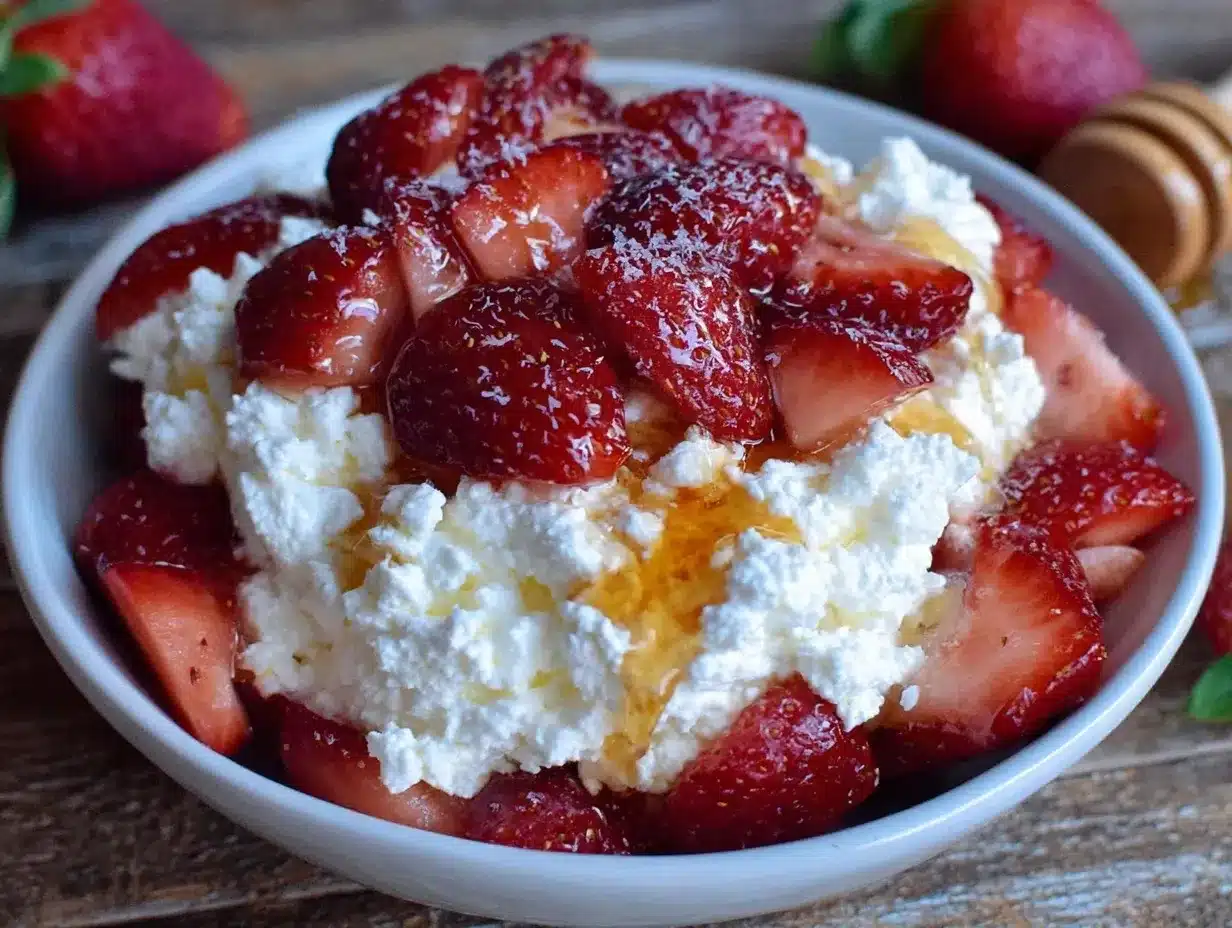cottage cheese bowl with strawberries and honey drizzle preparation steps