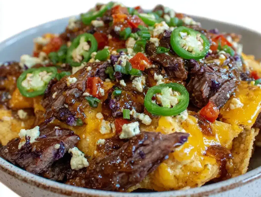 loaded nacho party bowl with steak strips - featured image
