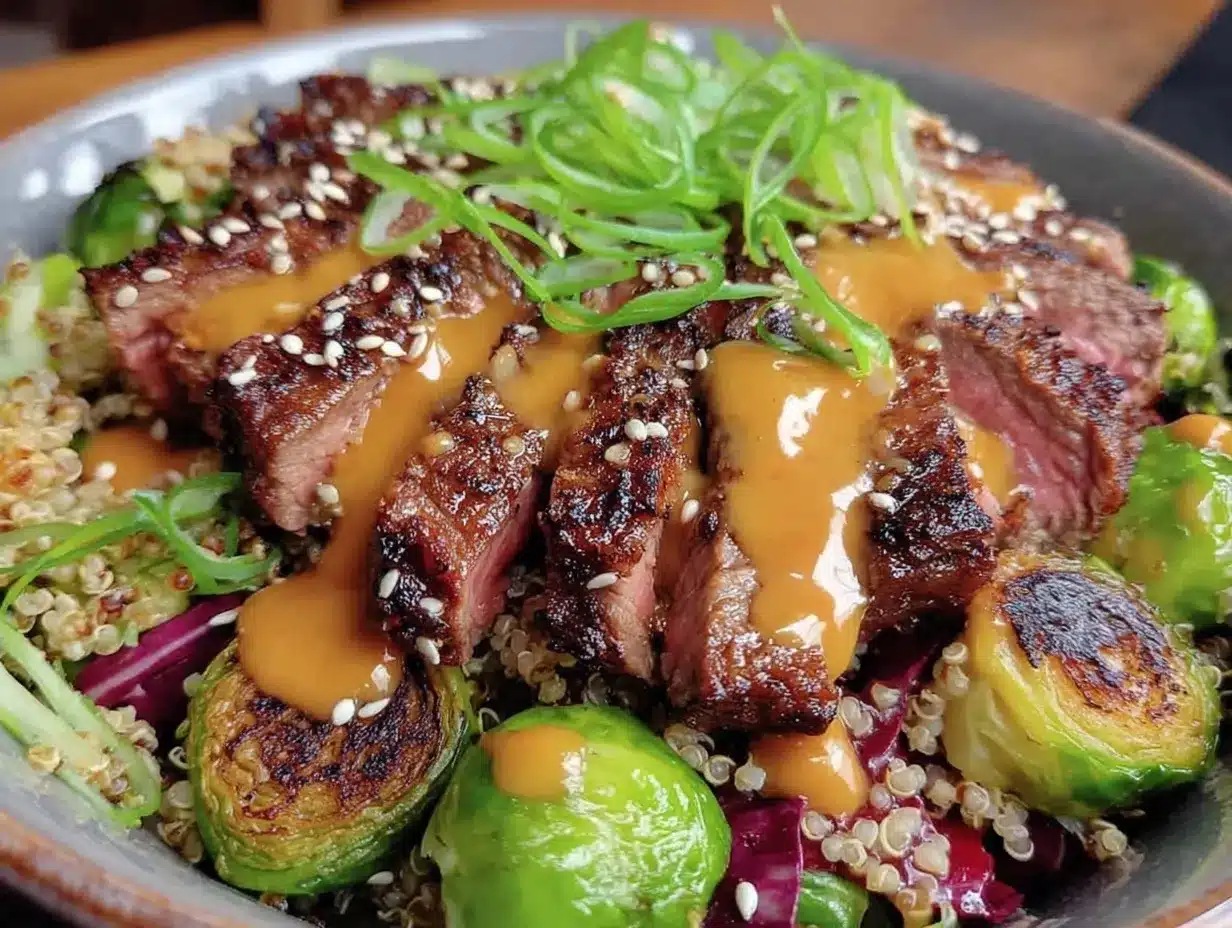 nourishing health aesthetic bowl with steak strips preparation steps